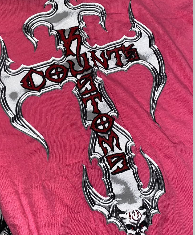 Y2K Counts Kustoms Las Vegas Pink Graphic Top McBling Skull Cross M-L