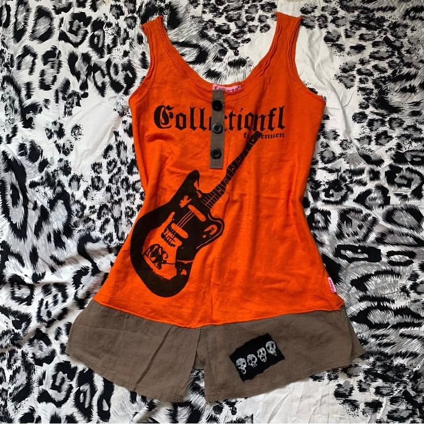 Y2K J-Fashion Orange Guitar Babydoll Top Fairy Grunge Skulls Henley Mini Dress