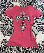 Y2K Counts Kustoms Las Vegas Pink Graphic Top McBling Skull Cross M-L