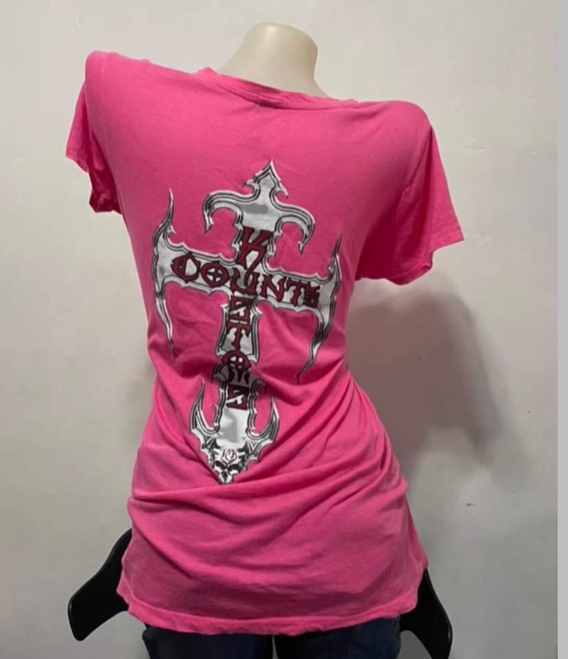 Y2K Counts Kustoms Las Vegas Pink Graphic Top McBling Skull Cross M-L