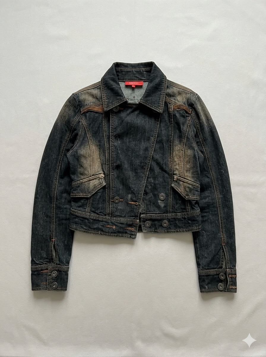 Vintage Asymmetric Double-Breasted Denim Biker Jacket – Dark Wash