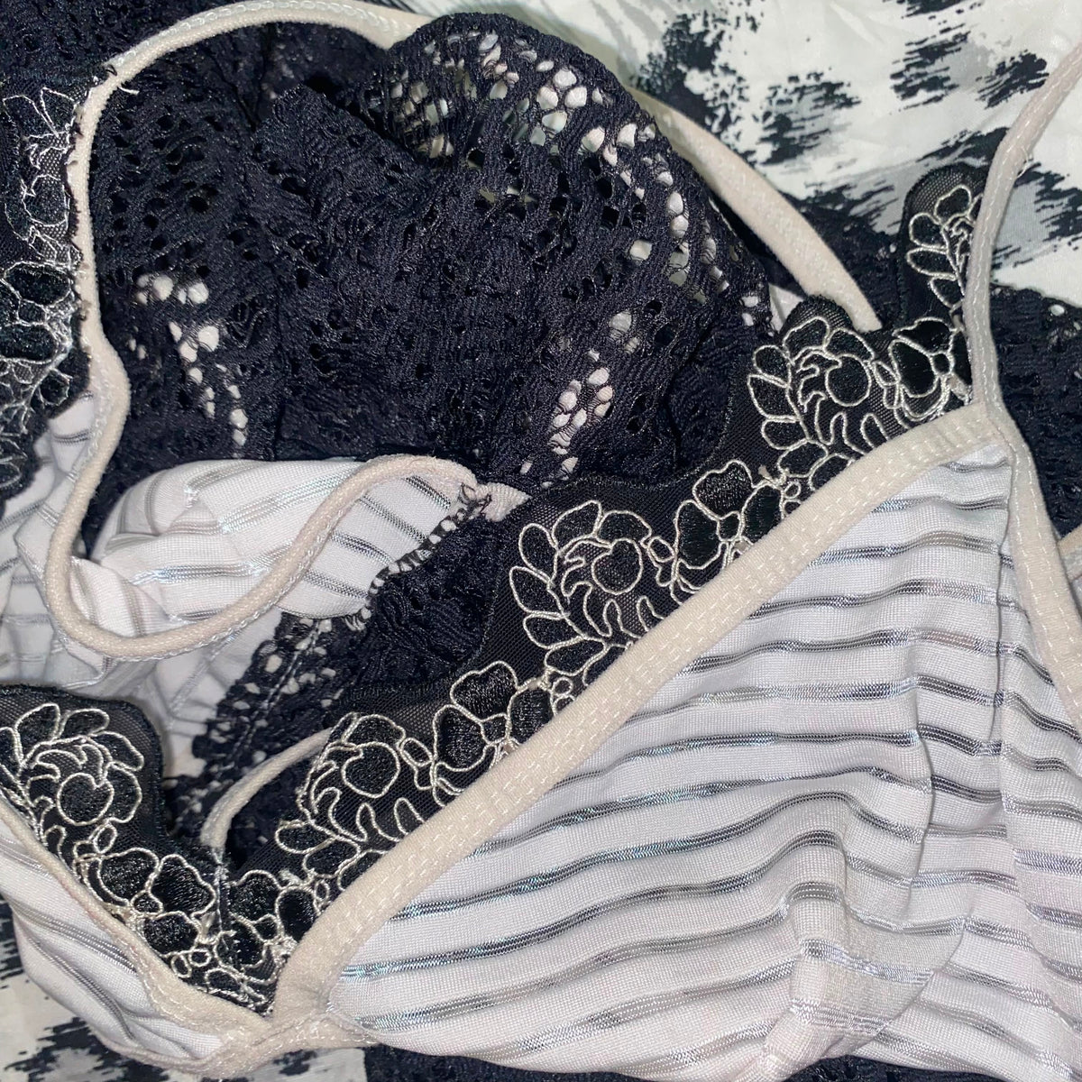 Teknur Sheer Lace & Striped Babydoll Lingerie Top – Black & White