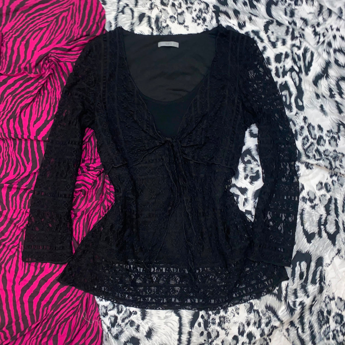 Sheer Lace Front-Tie Long Sleeve Top – Black